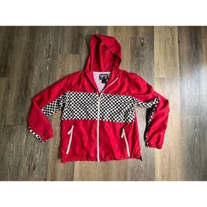 Blackjack Windbreaker Mens Large Red Excellent Checkered Racing Hooded Jacket